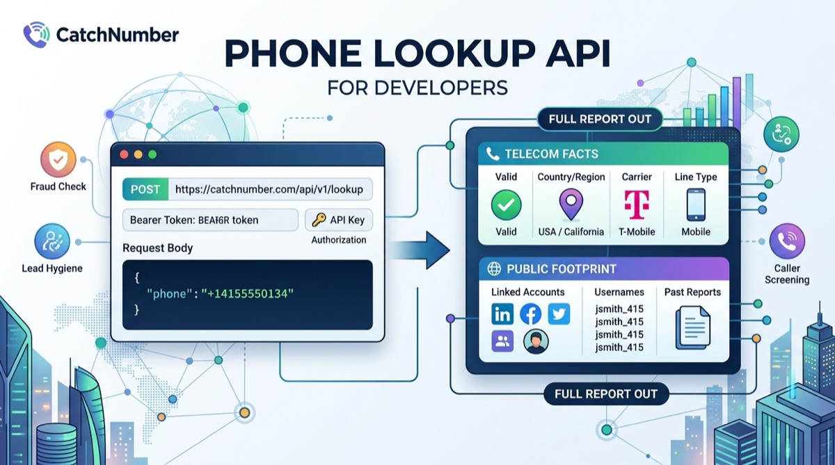 A number posted to the CatchNumber API returning the telecom facts — validity, region, carrier and line type — alongside the public footprint of linked accounts, usernames and past reports