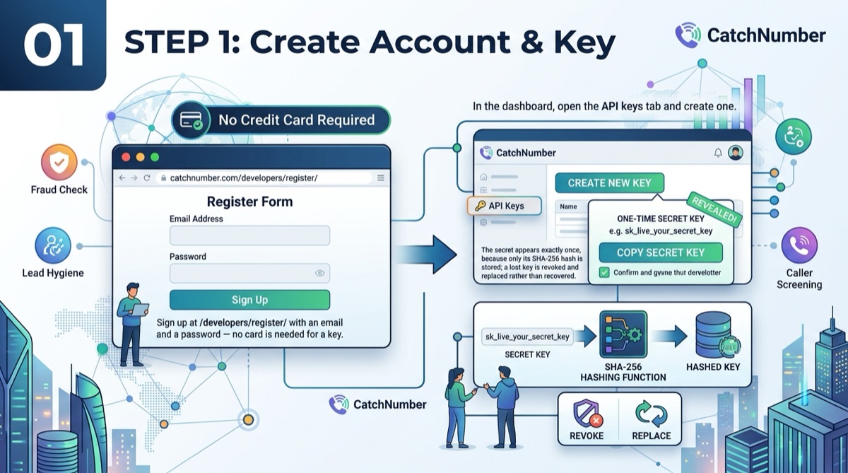 Registering with an email and password with no card required, then creating a key in the dashboard whose secret appears once while only its SHA-256 hash is stored, with revoke and replace for a lost key