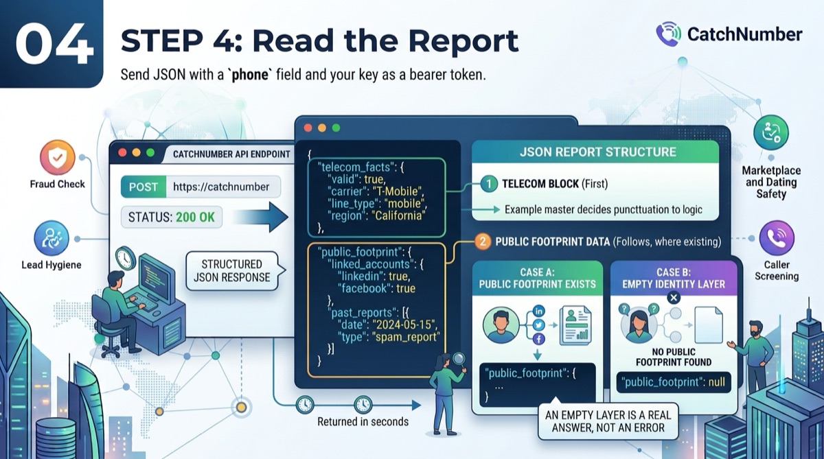The JSON report with the telecom block first — validity, carrier, line type, region — then the public footprint, and a case showing that an empty identity layer is a real answer rather than an error