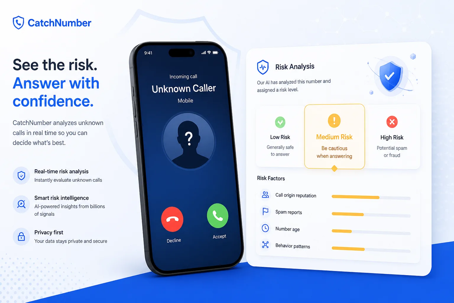 Unknown caller risk analysis interface highlighting caution signals for suspicious numbers