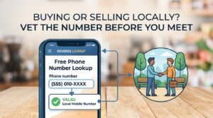 Marketplace safety illustration: a free phone number lookup confirming a valid local mobile number, beside two people meeting in a park to complete a deal.