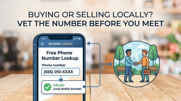 Marketplace safety illustration: a free phone number lookup confirming a valid local mobile number, beside two people meeting in a park to complete a deal.