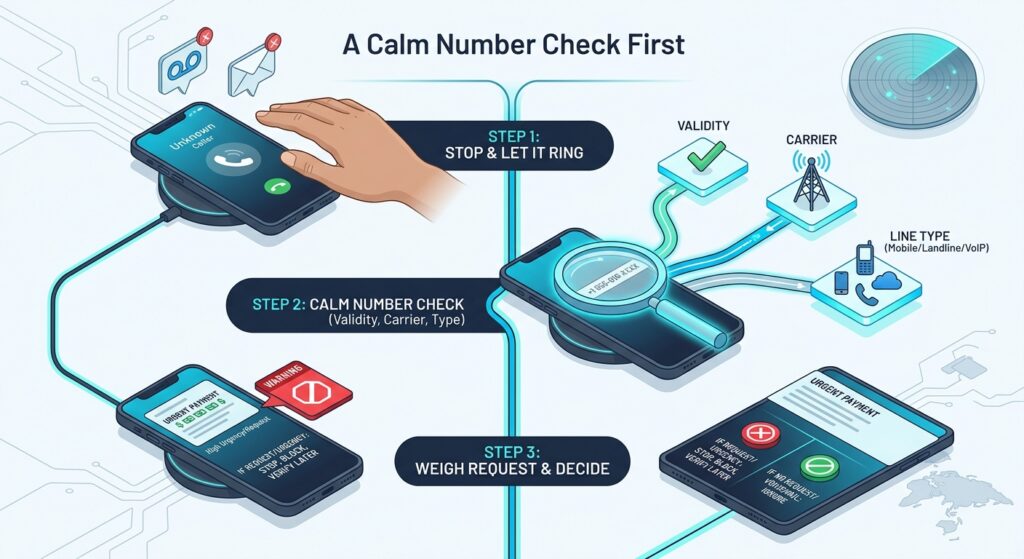 Three-step flow for handling an unknown call: let it ring, run a number check for validity, carrier and line type, then weigh the caller's request before deciding.