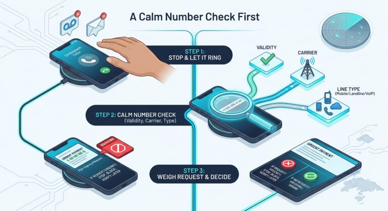 Three-step flow for handling an unknown call: let it ring, run a number check for validity, carrier and line type, then weigh the caller's request before deciding.