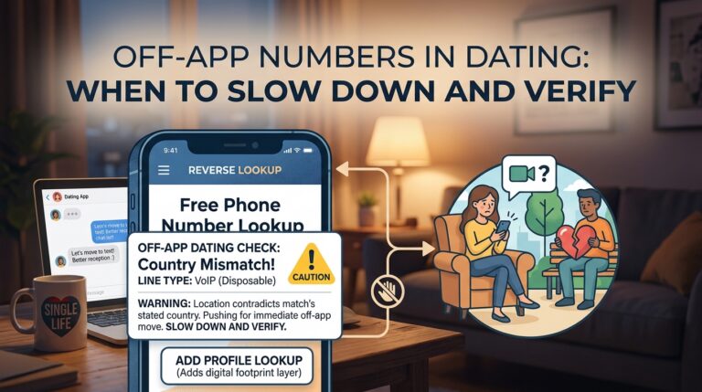 Off-app dating safety illustration showing a phone lookup flagging a country mismatch and a disposable VoIP line, beside a person messaging a match.