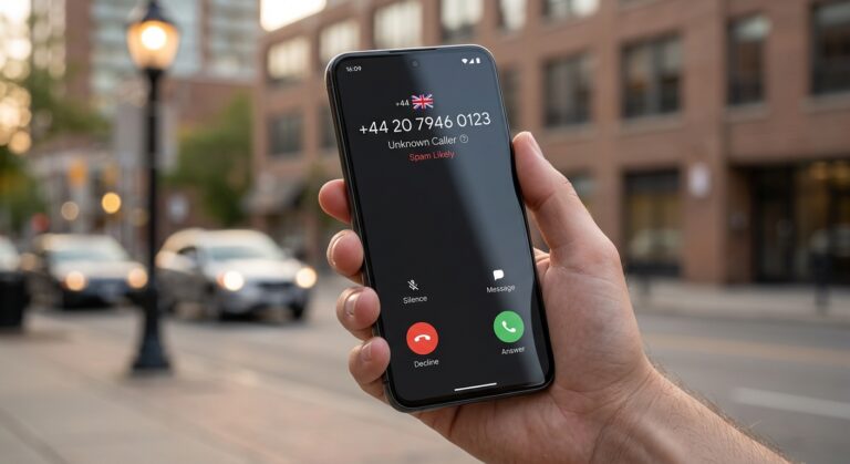 A hand holding a phone on a city street showing an incoming call from a UK +44 number labelled Unknown Caller and Spam Likely.