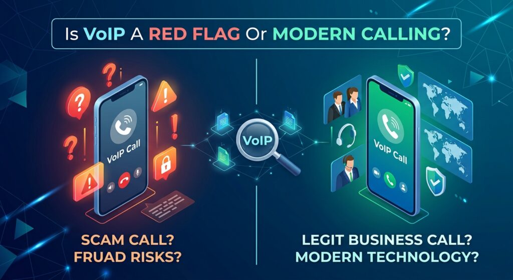 Split illustration comparing a VoIP call marked with scam warning icons against a VoIP call from a legitimate business support team.