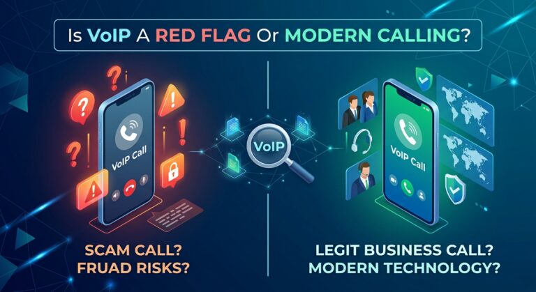 Split illustration comparing a VoIP call marked with scam warning icons against a VoIP call from a legitimate business support team.