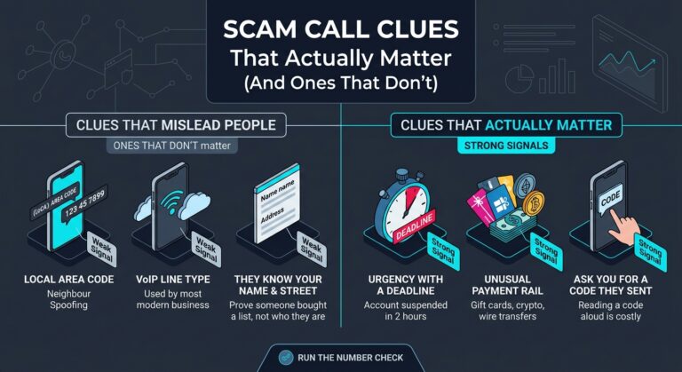 Comparison chart of scam call clues: weak signals such as a local area code, VoIP line type and the caller knowing your name, against strong signals such as urgency deadlines, gift card payments and requests for a one-time code.