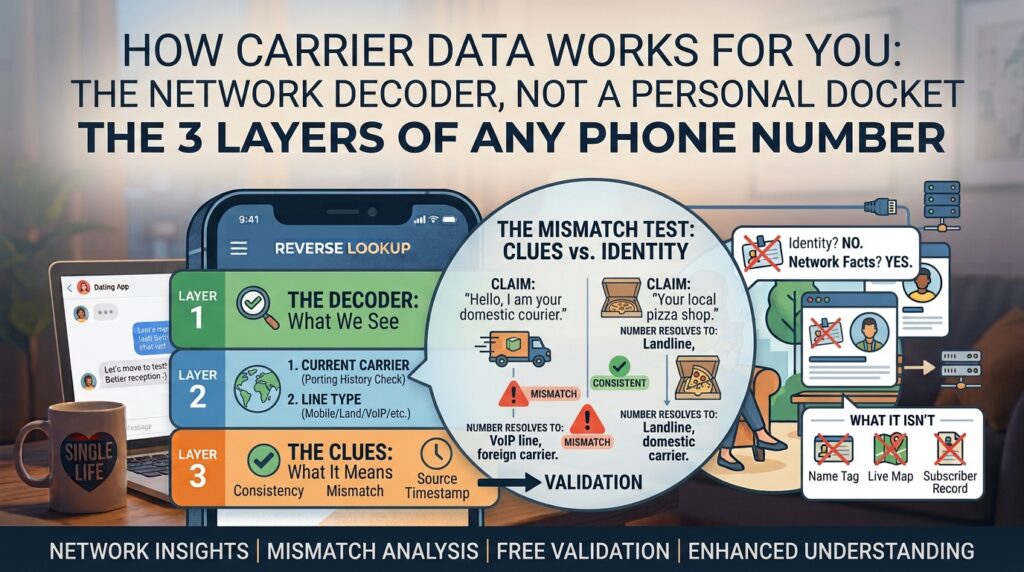 Diagram explaining carrier data as a network decoder rather than an identity record, with a mismatch test comparing a caller's claim against the number's carrier and line type.