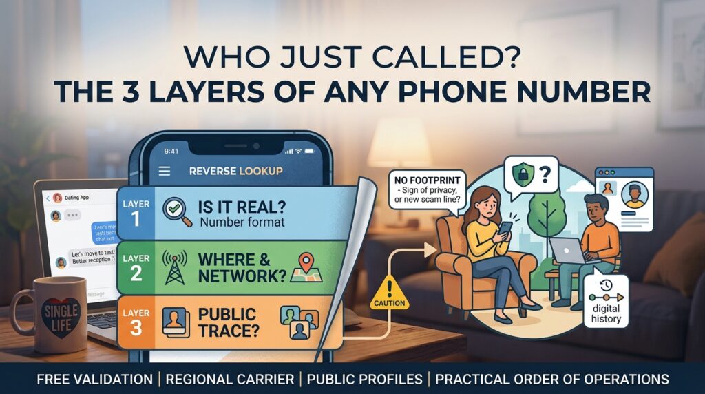 The three layers of any phone number - is it real, where and which network, and any public trace - shown beside a person checking an unknown caller at home.