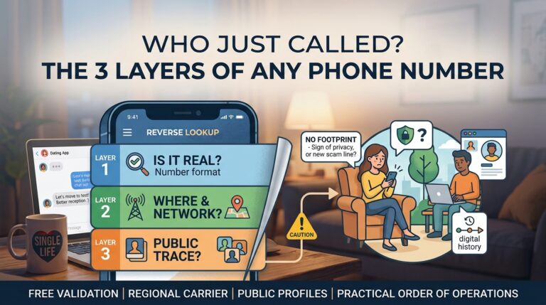 The three layers of any phone number - is it real, where and which network, and any public trace - shown beside a person checking an unknown caller at home.