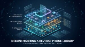 Isometric diagram deconstructing a reverse phone lookup into its telecom, reputation and public footprint layers, with data flowing between them.