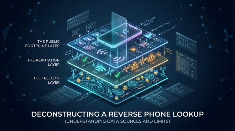 Isometric diagram deconstructing a reverse phone lookup into its telecom, reputation and public footprint layers, with data flowing between them.