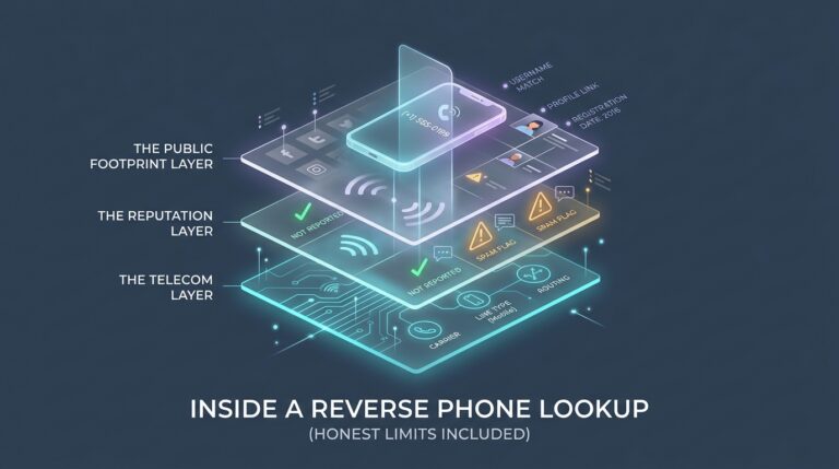 Exploded diagram of a reverse phone lookup showing three stacked layers: the telecom layer, the reputation layer and the public footprint layer.