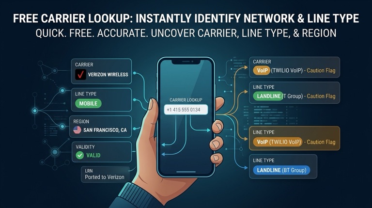 Free carrier lookup on a phone showing the carrier, line type, region and validity for an unknown number