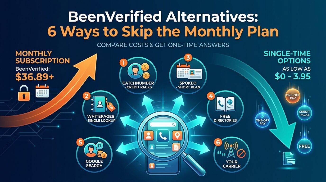 Cost comparison diagram: BeenVerified's $36.89 monthly subscription on one side against six one-off options — CatchNumber credit packs, a Whitepages single lookup, a short Spokeo plan, free directories, Google search and your carrier — from $0 to $3.95.