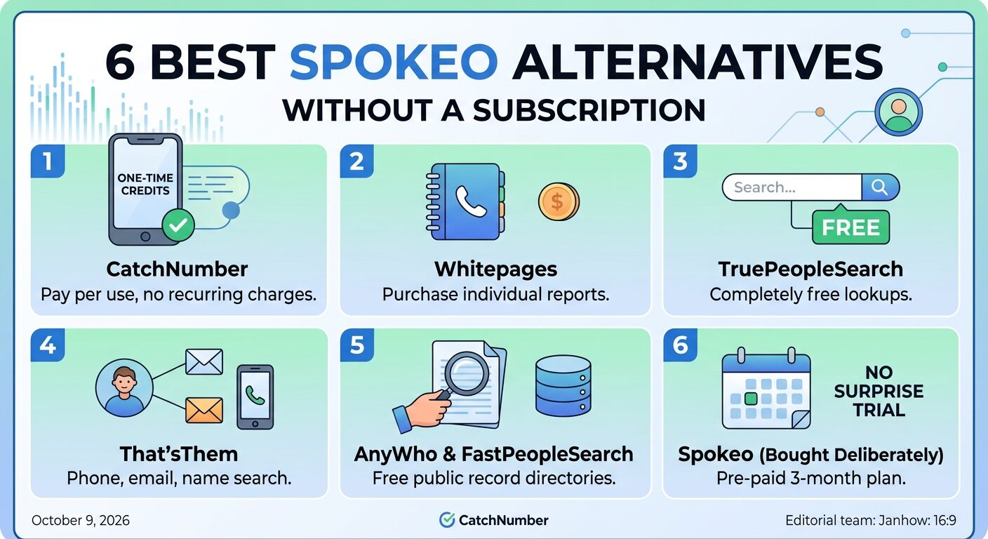 Six Spokeo alternatives without a subscription: CatchNumber pay-per-use credits, Whitepages individual reports, TruePeopleSearch, That'sThem, AnyWho and FastPeopleSearch, and Spokeo bought deliberately on a pre-paid three-month plan.