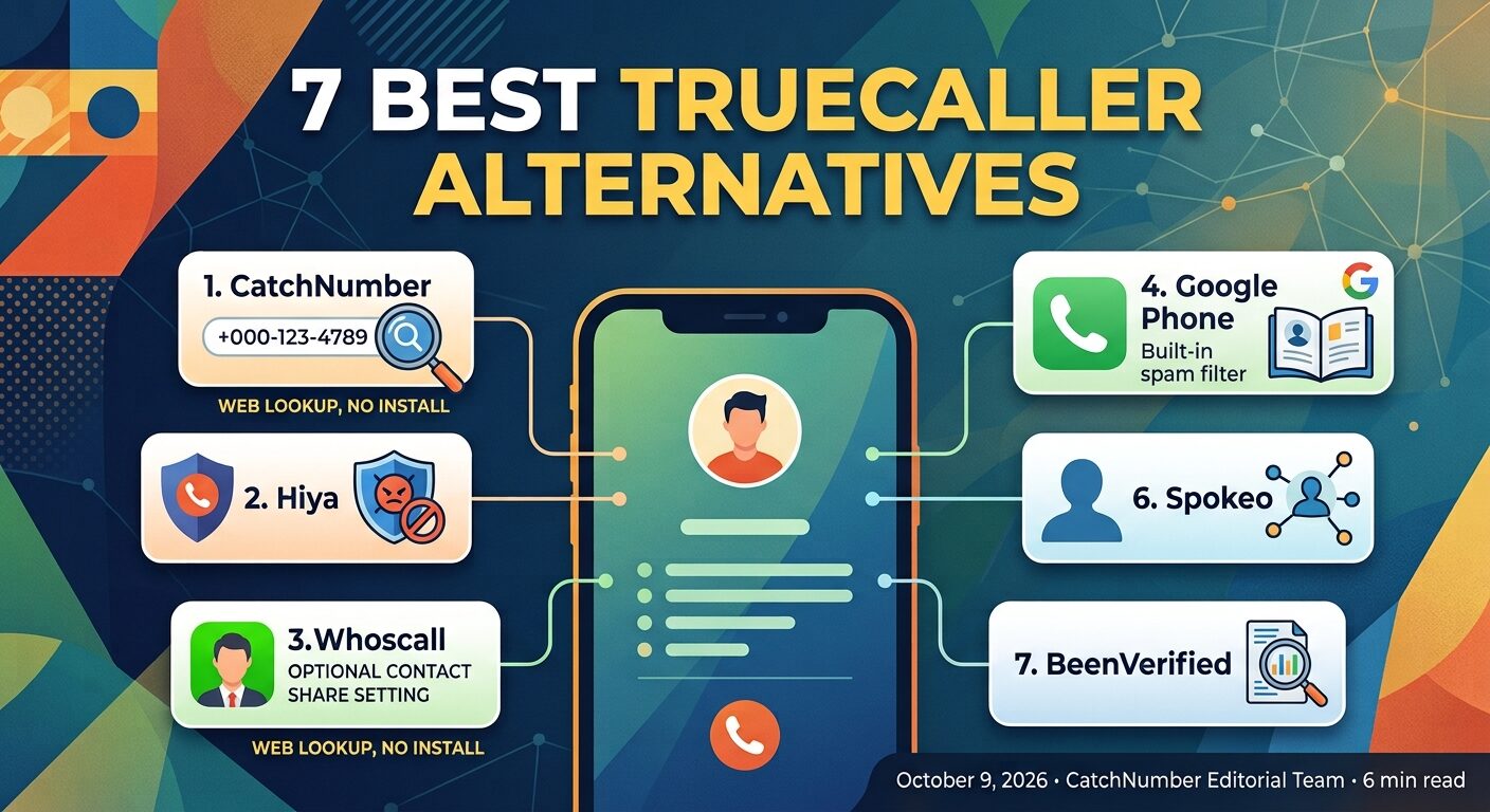 Infographic comparing seven Truecaller alternatives — CatchNumber, Hiya, Whoscall, Google Phone, Spokeo and BeenVerified — arranged around a phone screen showing an identified caller.