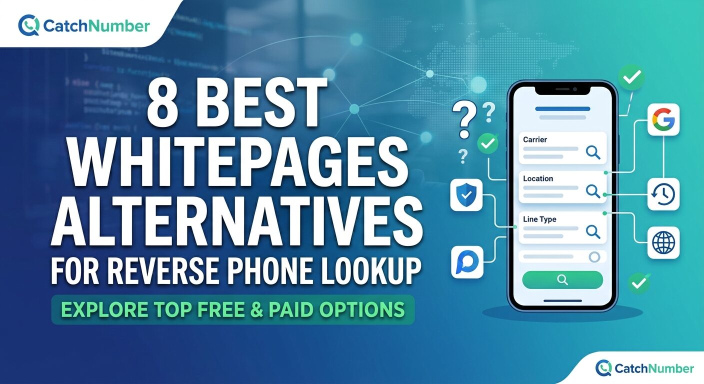 Title graphic for eight Whitepages alternatives for reverse phone lookup, beside a phone screen querying carrier, location and line type for an unknown number.