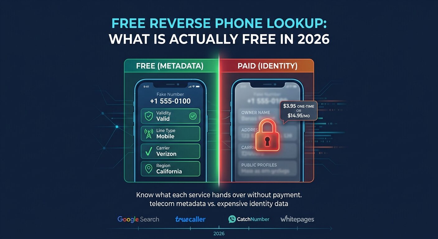 Split comparison of a reverse phone lookup: the free side showing validity, line type, carrier and region, beside the paid side with owner name, address and public profiles locked.