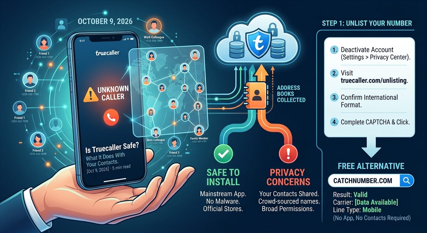 Diagram of how Truecaller collects users' address books into a shared directory, with the four steps to unlist a number and a no-app web lookup as the alternative.
